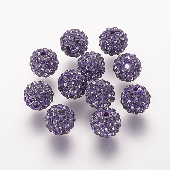 Polymer Clay Rhinestone Beads, Grade A, Round, Pave Disco Ball Beads, Purple Velvet, 8x7.5mm, Hole: 1mm