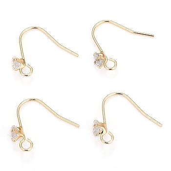Brass Earring Hooks, Ear Wire, with Clear Cubic Zirconia and Horizontal Loop, Long-Lasting Plated, Real 14K Gold Plated, 16mm, 20 Gauge, Pin: 0.8mm