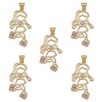 5Pcs Rack Plating Brass Micro Pave Cubic Zirconia Pendants, Cadmium Free & Lead Free, Girl, Real 18K Gold Plated, 32x17x3mm, Hole: 4x3mm