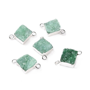 Natural Druzy Quartz Links connectors, with Brass Findings, Square, Silver, Green, 16~18x13~14x6~8mm, Hole: 2mm