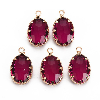Transparent Glass Pendants, with Brass Prong Settings, Faceted, Oval, Light Gold, Medium Violet Red, 19x11x5.5mm, Hole: 1.6mm
