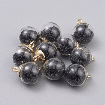 Transparent Glass Globe Pendants, with Glass Micro Beads inside & CCB Plastic Pendant Bails, Round, Light Gold, Black, 21.5x16mm, Hole: 2.5mm