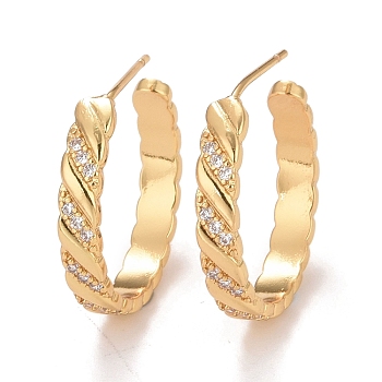 Clear Cubic Zirconia Twist Rope Wrap Stud Earrings, Brass Half Hoop Earrings for Women, Cadmium Free & Nickel Free & Lead Free, Real 18K Gold Plated, 22x3.5mm, Pin: 0.7mm