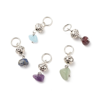 Natural & Synthetic Stone Chips Pendants, with Antique Silver Tone Alloy Findings, Round Charm, 20.5~23.5mm, Stone: 6.5~10x5~7mm, Round: 7.5x6mm, Hole: 5.6mm