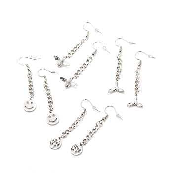 Curb Chains with Charm Long Dangle Earrings, 304 Stainless Steel Jewelry for Women, Mixed Patterns, 53~58mm, Pin: 0.7mm, Pendant: 11.5~13x10~17x1~4mm
