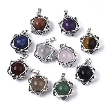 Natural & Synthetic Assorted Gemstone Pendants, with Platinum Tone Brass Finding, for Jewish, Mixed Dyed and Undyed, Star of David, 20x17x10mm, Hole: 5x3mm