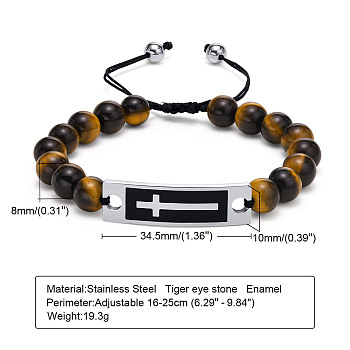 Stainless Steel Cross Link Bracelet, Natural Tiger Eye Braided Bead Adjustable Bracelet, 6-1/4~9-7/8 inch(16~25cm)
