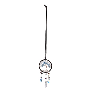 Iron Hanging Suncatchers, with Glass and Kyanite Beads, Ribbon, Covered with Leather and Brass Cord, Flat Round with Tree of Life, Colorful, 430mm