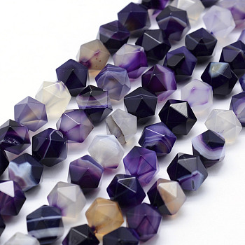 Natural Striped Agate/Banded Agate Beads Strands, Star Cut Round Beads, Dyed & Heated, Faceted, Purple, 10~10.5mm, Hole: 1mm, about 37~40pcs/strand, 15.5~15.7 inch(39.5~40cm)