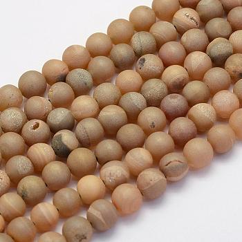 Electroplate Natural Druzy Agate Beads Strands, Dyed, Round, Frosted, Rainbow Plated, 6mm, Hole: 1mm, about 62pcs/strand, 15.7 inch(40cm)