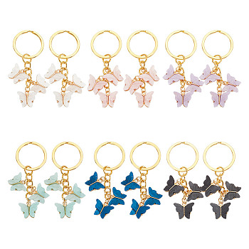 12Pcs 6 Colors Alloy Acrylic Pendant Decorations, with Iron Split Key Rings, Butterfly, Mixed Color, 6.6cm, 2pcs/color