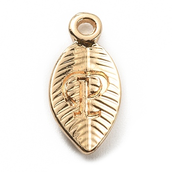 Alloy Pendants, Leaf with Letter Charm, Light Gold, Letter.P, 15.5x7.5x2.5mm, Hole: 1.5mm