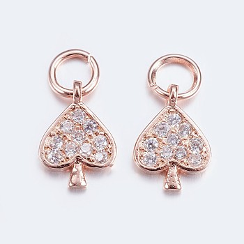 Brass Micro Pave Cubic Zirconia Charms, Heart, Rose Gold, 10.5x7x1mm, Hole: 3mm