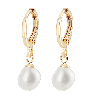1 Pair Natural Pearl Dangle Leverback Earrings, Brass Earrings, Golden, 27x11mm