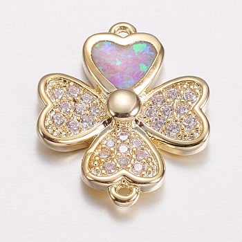 Brass Micro Pave Cubic Zirconia Links, with Synthetic Opal, Four Leaf Clover, Golden, Pink, 15x18x3mm, Hole: 0.8mm