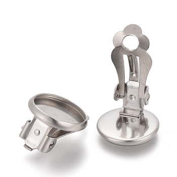 304 Stainless Steel Clip-on Earring Setting, Flat Round, Stainless Steel Color, Tray: 16mm, 18x8mm