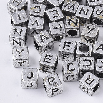 Plated Acrylic Beads, Horizontal Hole, Cube with Random Initial Letter, Antique Silver, 6x6x6mm, Hole: 3.5mm, about 2500pcs/500g