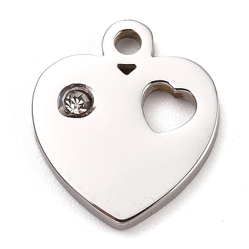 304 Stainless Steel Charms, Manual Polishing, with Crystal Rhinestone, Heart, for Valentine's day, Stainless Steel Color, 12.5x11x1.2mm, Hole:1.8mm