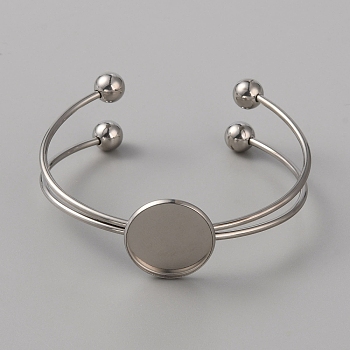 304 Stainless Steel Double Wire Cuff Bangle Makings, with Ball Tip, Flat Round Tray Settings, Blank Bangle Base, Stainless Steel Color, 1/8~3/4 inch(0.4~2cm), Inner Diameter: 2-1/2 inch(6.2cm), Tray: 20.2mm