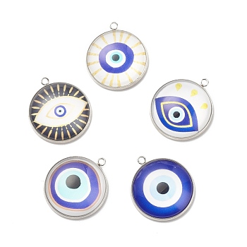 Luminous Glass Pendants, with 304 Stainless Steel Findings, Flat Round with Evil Eye Pattern, Stainless Steel Color, 24.5x21.5x6.5mm, Hole: 1.6mm