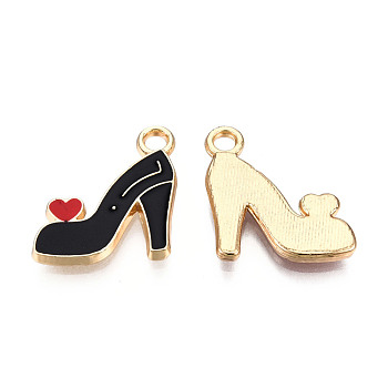 Alloy Pendants, with Enamel, High-Heeled Shoes, with Heart, Light Gold, Black, 16x14x2mm, Hole: 2mm