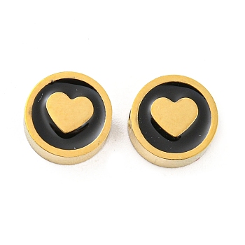 Ion Plating(IP) Rack Plating 316L Surgical Stainless Steel Beads, with Enamel, Real 18K Gold Plated, Flat Round with Heart, Black, 8x3.5mm, Hole: 2mm