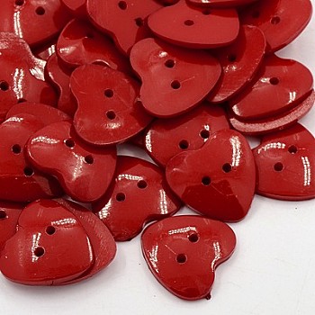Acrylic Sewing Buttons for Costume Design, Heart Buttons, 2-Hole, Dyed, Dark Red, 25x24x4mm, Hole: 2mm