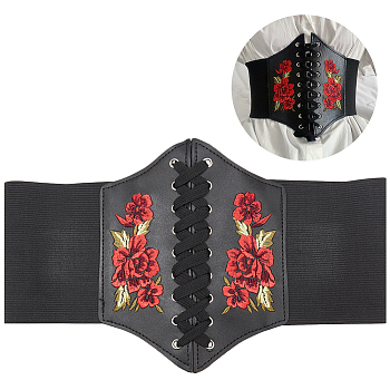 WADORN 1Pc PU Leather Wide Elastic Corset Belts, Lace up Tied Waist Belt for Women Girl, Red, 25-1/4 inch(64cm)