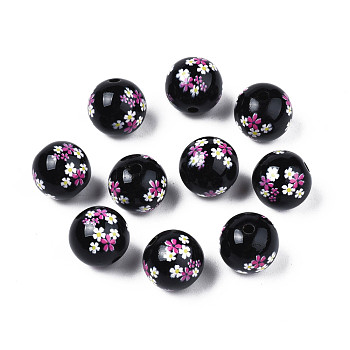 Opaque Printed Acrylic Beads, Round with Flower, Black, 9x9.5mm, Hole: 1.8mm