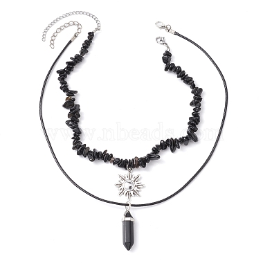 2Pcs 2 Style Natural Obsidian Bullet & Alloy Sun Pendant Necklaces Set(NJEW-JN04514-02)-3