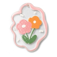 Transparent Glitter Dust Powder, Acrylic Pendants, Flower, Pink, 39x28.5x2mm, Hole: 1.8mm(MACR-Q160-03D)
