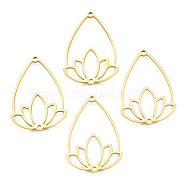 201 Stainless Steel Connector Charms, Teardrop with Flower, Real 18K Gold Plated, 25x35x1.5mm, Hole: 1.2mm(STAS-N098-043LG)