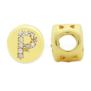 Brass Micro Pave Clear Cubic Zirconia Beads, Flat Round with Letter, Letter.P, 7.5x6.5mm, Hole: 3.5mm, 3pcs/bag(KK-T030-LA843-PX3)
