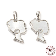 Natural Shell Pendants, with Rhodium Plated 925 Sterling Silver Micro Pave Cubic Zirconia Findings, Lady Charms, Real Platinum Plated, 15x11x2mm, Hole: 3.5x2mm(STER-P051-06P)