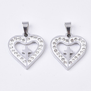 201 Stainless Steel Pendants, with Random Size Snap On Bails and Polymer Clay Crystal Rhinestones, Heart with Cross, Stainless Steel Color, 21x20x3mm, Hole: 8~10x3~5mm(X-STAS-N089-21P)