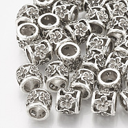 Tibetan Style Alloy Beads, Large Hole Beads, Column with Flower, Antique Silver, 10x9mm, Hole: 6mm(PALLOY-Q313-46)
