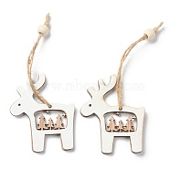 Christmas Theme Natural Wood Pendant Decorations, with Hemp Cord & Bead, Reindeer, White, 145mm, 2pcs/bag(HJEW-P010-14)