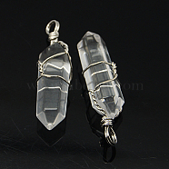 Natural Quartz Crystal Double Terminated Pointed Pendants, Rock Crystal, with Brass Pendant Settings, Faceted, Bullet, Platinum Metal Color, 35~45x10~13mm, Hole: 3mm(G-J062-05P)