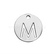 201 Stainless Steel Charms, Flat Round with Letter, Stainless Steel Color, Letter.M, 12x1mm, Hole: 1.5mm(STAS-Q201-T051-M)