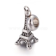 Retro 304 Stainless Steel European Style Dangle Charms, Large Hole Pendants, Eiffel Tower, Antique Silver, Antique Silver, 31mm, Hole: 4.5mm, Pendant: 21x9mm(OPDL-L013-44AS)