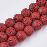 Brins de perles de pierre de lave naturelle peintes à la bombe, ronde, rouge, 8~9mm, Trou: 0.7mm, Environ 47~48 pcs/chapelet, 15.75 pouce (40 cm)(X-G-N0324-C-05)