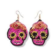 Halloween Skull Glass Seed Braided Big Dangle Earrings, 316 Stainless Steel Wraped Jewelry for Women, Hot Pink, 70mm, Pin: 0.6mm(EJEW-B011-06D)