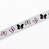 Single Face Butterfly Printed Polyester Grosgrain Ribbon, Light Grey, 3/8 inch(9mm), about 100yards/roll(91.44m/roll)(OCOR-S033-9mm-03)