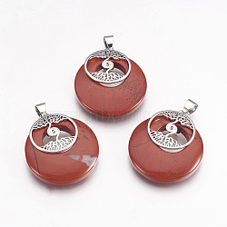 Natural Red Jasper Pendants, with Platinum Tone Brass Findings, Flat Round with Tree of Life, 32x28x6mm, Hole: 4x5mm(KK-F751-B04)