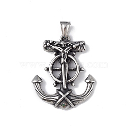 304 Stainless Steel Pendants, Anchor with Helm & Crucifix Cross, Antique Silver, 33x27x4.5mm, Hole: 4x6mm(STAS-H060-01AS)