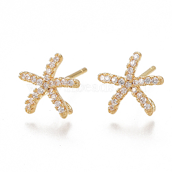 Brass Stud Earring Findings, with Loop and Cubic Zirconia, Real 18K Gold Plated, Starfish/Sea Stars, Clear, 9.5x10mm, Hole: 1mm, Pin: 0.8mm(X-KK-T038-470G)