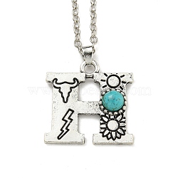 Letter A~Z Antique Silver Plated Alloy with Synthetic Turquoise Pendant Necklaces, with Iron Cable Chains, Letter H, 18.70 inch(475mm), Letter H: 25x25mm(NJEW-G080-01H)