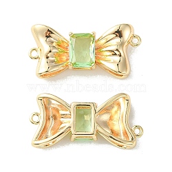 Brass Pave Cubic Zirconia Connector Charms, Real 18K Gold Plated, Bowknot Links, Light Green, 11x23x4.5mm, Hole: 1mm(KK-L208-01G-04)