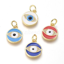 Brass Micro Pave Cubic Zirconia Pendants, with Enamel, Flat Round and Eye, Clear, Golden, 16x13x2.5mm, Hole: 3.4mm(KK-G374-18G)