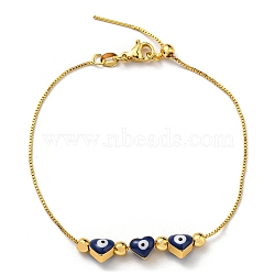 Heart with Evil Eye Enamel Slider Bracelet with Box Chains, Rack Plating Brass Bracelet, Midnight Blue, 7-1/2~8-1/4 inch(18.9~20.9cm)(BJEW-G675-01G-01)